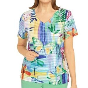 Alfred Dunner Tropical‎ Butterfly V-Neck Top Women's Size PL Petite Large NWT